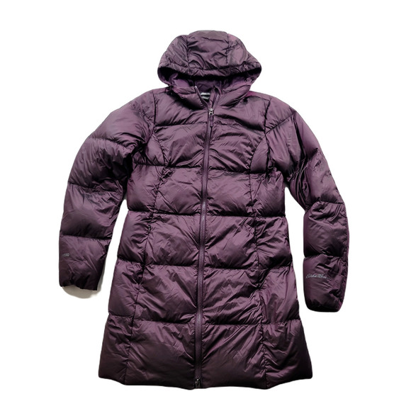 Eddie Bauer Down Puffer Long Jacket Womens Small EB550 Hooded‎ Purple - Picture 1 of 11